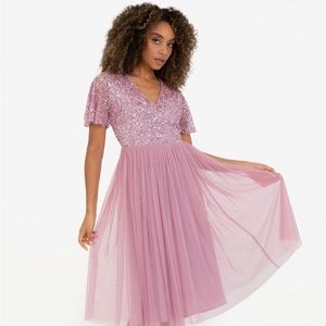 Maya Pink Faux Wrap Short Sleeve Embellished Midi Dress SIZE M,12